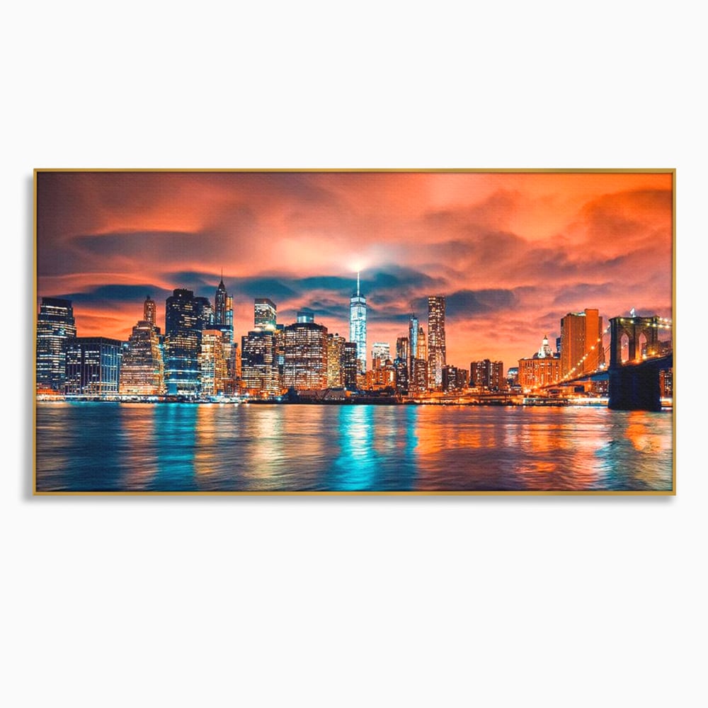 Tablou Canvas Premium, LuxCanva® O1004, Podul Brooklyn, New York, Noapte, Magie, Oras, Metropola, Energie, Vedere, Zbor, Zgarie-Nori, Elegant, Speranta, Lumini, Living, Dormitor, Birou