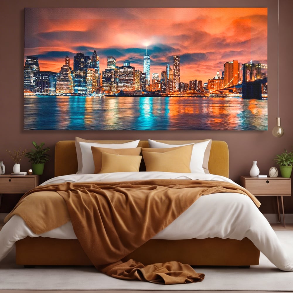 Tablou Canvas Premium, LuxCanva® O1004, Podul Brooklyn, New York, Noapte, Magie, Oras, Metropola, Energie, Vedere, Zbor, Zgarie-Nori, Elegant, Speranta, Lumini, Living, Dormitor, Birou