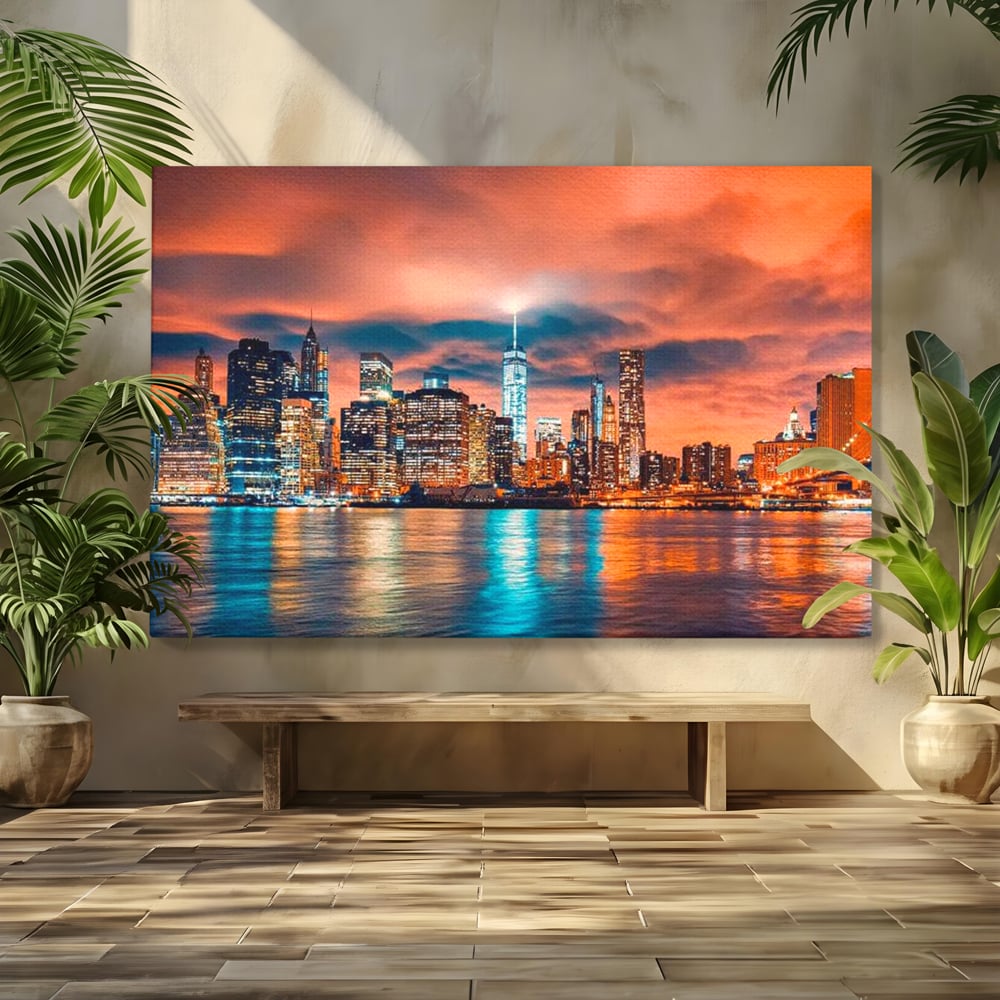 Tablou Canvas Premium, LuxCanva® O1004, Podul Brooklyn, New York, Noapte, Magie, Oras, Metropola, Energie, Vedere, Zbor, Zgarie-Nori, Elegant, Speranta, Lumini, Living, Dormitor, Birou
