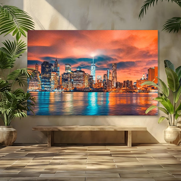 Tablou Canvas Premium, LuxCanva® O1004, Podul Brooklyn, New York, Noapte, Magie, Oras, Metropola, Energie, Vedere, Zbor, Zgarie-Nori, Elegant, Speranta, Lumini, Living, Dormitor, Birou
