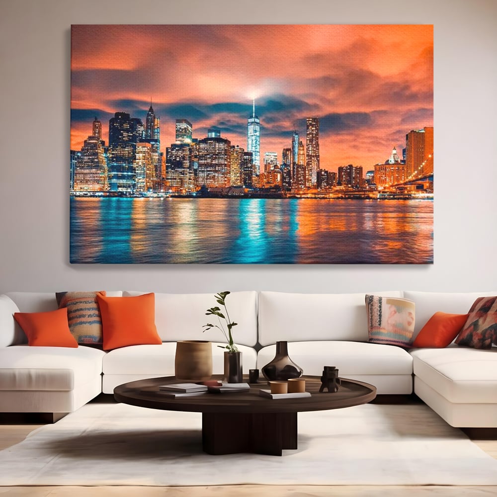Tablou Canvas Premium, LuxCanva® O1004, Podul Brooklyn, New York, Noapte, Magie, Oras, Metropola, Energie, Vedere, Zbor, Zgarie-Nori, Elegant, Speranta, Lumini, Living, Dormitor, Birou