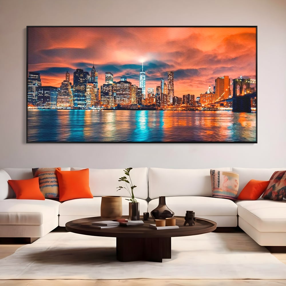 Tablou Canvas Premium, LuxCanva® O1004, Podul Brooklyn, New York, Noapte, Magie, Oras, Metropola, Energie, Vedere, Zbor, Zgarie-Nori, Elegant, Speranta, Lumini, Living, Dormitor, Birou
