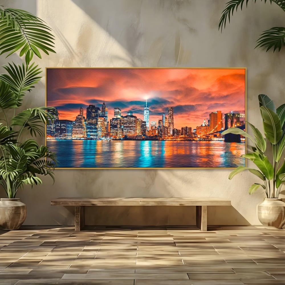 Tablou Canvas Premium, LuxCanva® O1004, Podul Brooklyn, New York, Noapte, Magie, Oras, Metropola, Energie, Vedere, Zbor, Zgarie-Nori, Elegant, Speranta, Lumini, Living, Dormitor, Birou