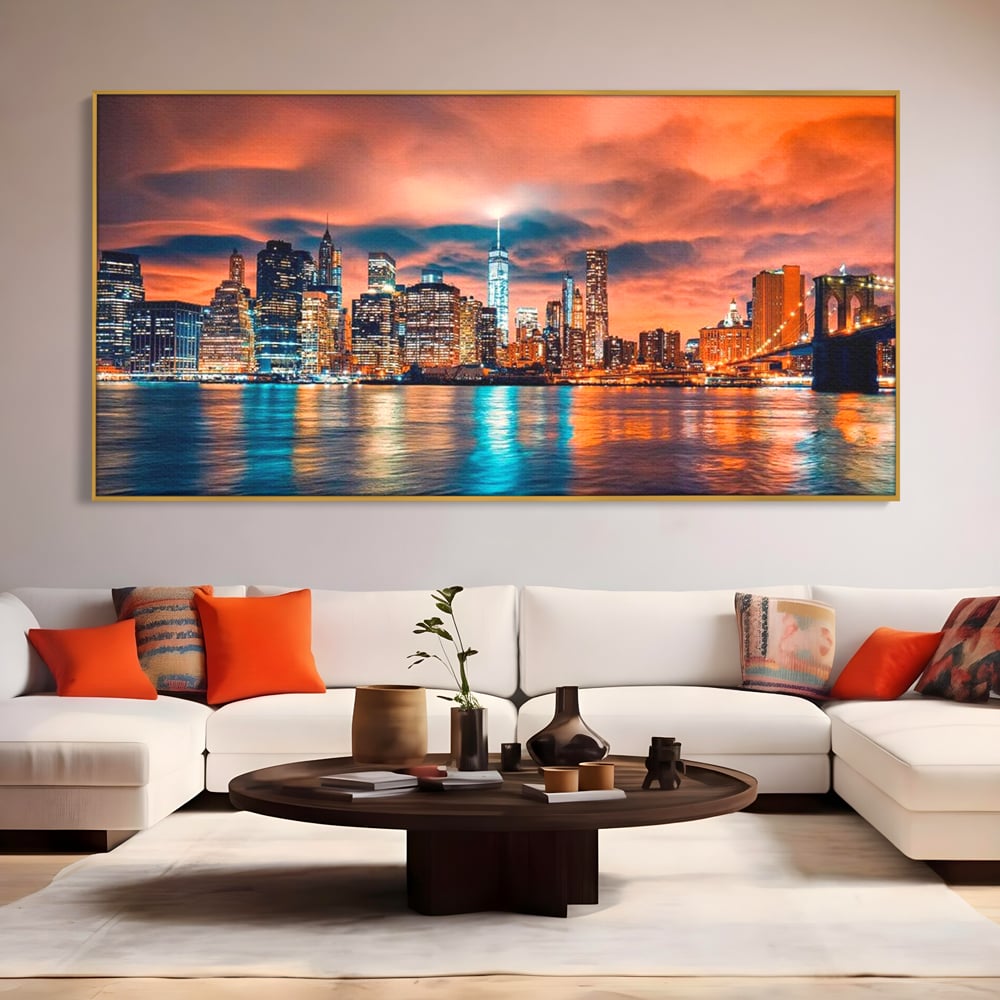 Tablou Canvas Premium, LuxCanva® O1004, Podul Brooklyn, New York, Noapte, Magie, Oras, Metropola, Energie, Vedere, Zbor, Zgarie-Nori, Elegant, Speranta, Lumini, Living, Dormitor, Birou