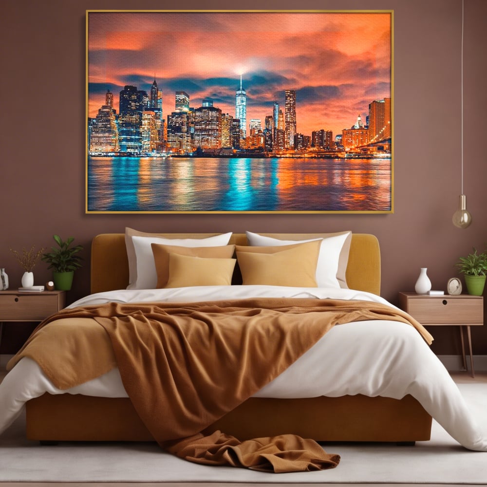 Tablou Canvas Premium, LuxCanva® O1004, Podul Brooklyn, New York, Noapte, Magie, Oras, Metropola, Energie, Vedere, Zbor, Zgarie-Nori, Elegant, Speranta, Lumini, Living, Dormitor, Birou