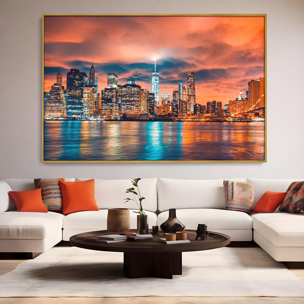 Tablou Canvas Premium, LuxCanva® O1004, Podul Brooklyn, New York, Noapte, Magie, Oras, Metropola, Energie, Vedere, Zbor, Zgarie-Nori, Elegant, Speranta, Lumini, Living, Dormitor, Birou
