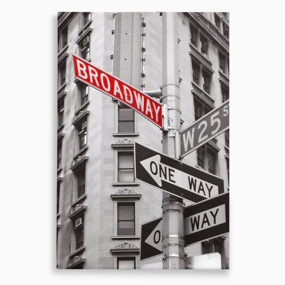 Leinwand Premium Canvas Wandbilder, LuxCanva® O1005, Kreuzung der Träume, Broadway, Kreuzung, Straßen, Zeichen, Verkehr, Urban, Weiß, Schwarz, Rot, Minimalismus, Amerika, Industrie, Wohnen, Schlafzimmer, Büro