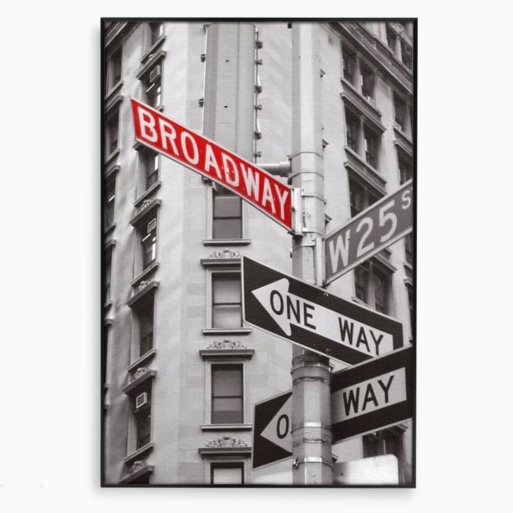 Leinwand Premium Canvas Wandbilder, LuxCanva® O1005, Kreuzung der Träume, Broadway, Kreuzung, Straßen, Zeichen, Verkehr, Urban, Weiß, Schwarz, Rot, Minimalismus, Amerika, Industrie, Wohnen, Schlafzimmer, Büro