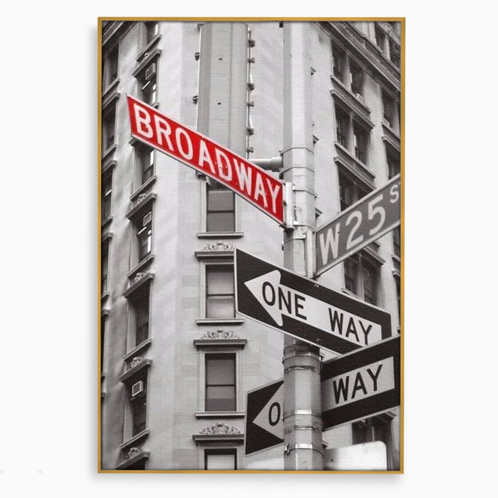 Leinwand Premium Canvas Wandbilder, LuxCanva® O1005, Kreuzung der Träume, Broadway, Kreuzung, Straßen, Zeichen, Verkehr, Urban, Weiß, Schwarz, Rot, Minimalismus, Amerika, Industrie, Wohnen, Schlafzimmer, Büro