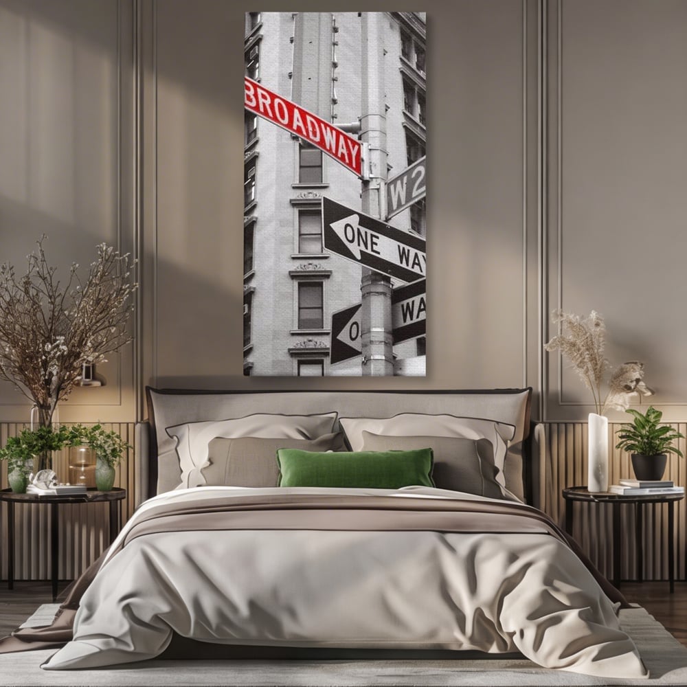 Leinwand Premium Canvas Wandbilder, LuxCanva® O1005, Kreuzung der Träume, Broadway, Kreuzung, Straßen, Zeichen, Verkehr, Urban, Weiß, Schwarz, Rot, Minimalismus, Amerika, Industrie, Wohnen, Schlafzimmer, Büro