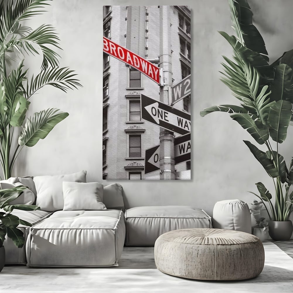 Leinwand Premium Canvas Wandbilder, LuxCanva® O1005, Kreuzung der Träume, Broadway, Kreuzung, Straßen, Zeichen, Verkehr, Urban, Weiß, Schwarz, Rot, Minimalismus, Amerika, Industrie, Wohnen, Schlafzimmer, Büro