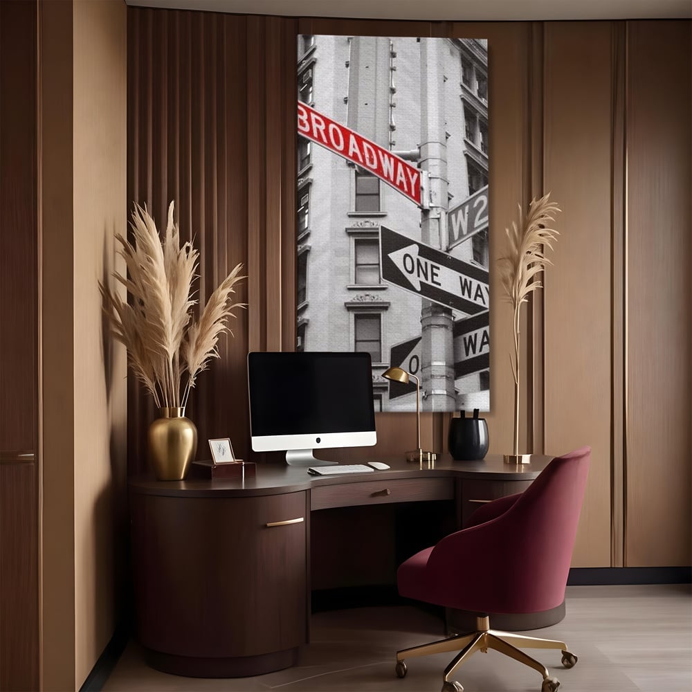 Leinwand Premium Canvas Wandbilder, LuxCanva® O1005, Kreuzung der Träume, Broadway, Kreuzung, Straßen, Zeichen, Verkehr, Urban, Weiß, Schwarz, Rot, Minimalismus, Amerika, Industrie, Wohnen, Schlafzimmer, Büro