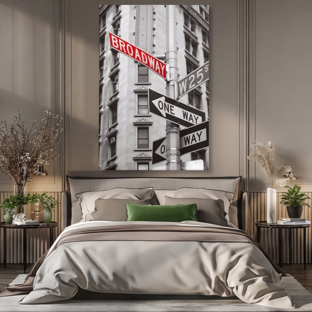 Leinwand Premium Canvas Wandbilder, LuxCanva® O1005, Kreuzung der Träume, Broadway, Kreuzung, Straßen, Zeichen, Verkehr, Urban, Weiß, Schwarz, Rot, Minimalismus, Amerika, Industrie, Wohnen, Schlafzimmer, Büro