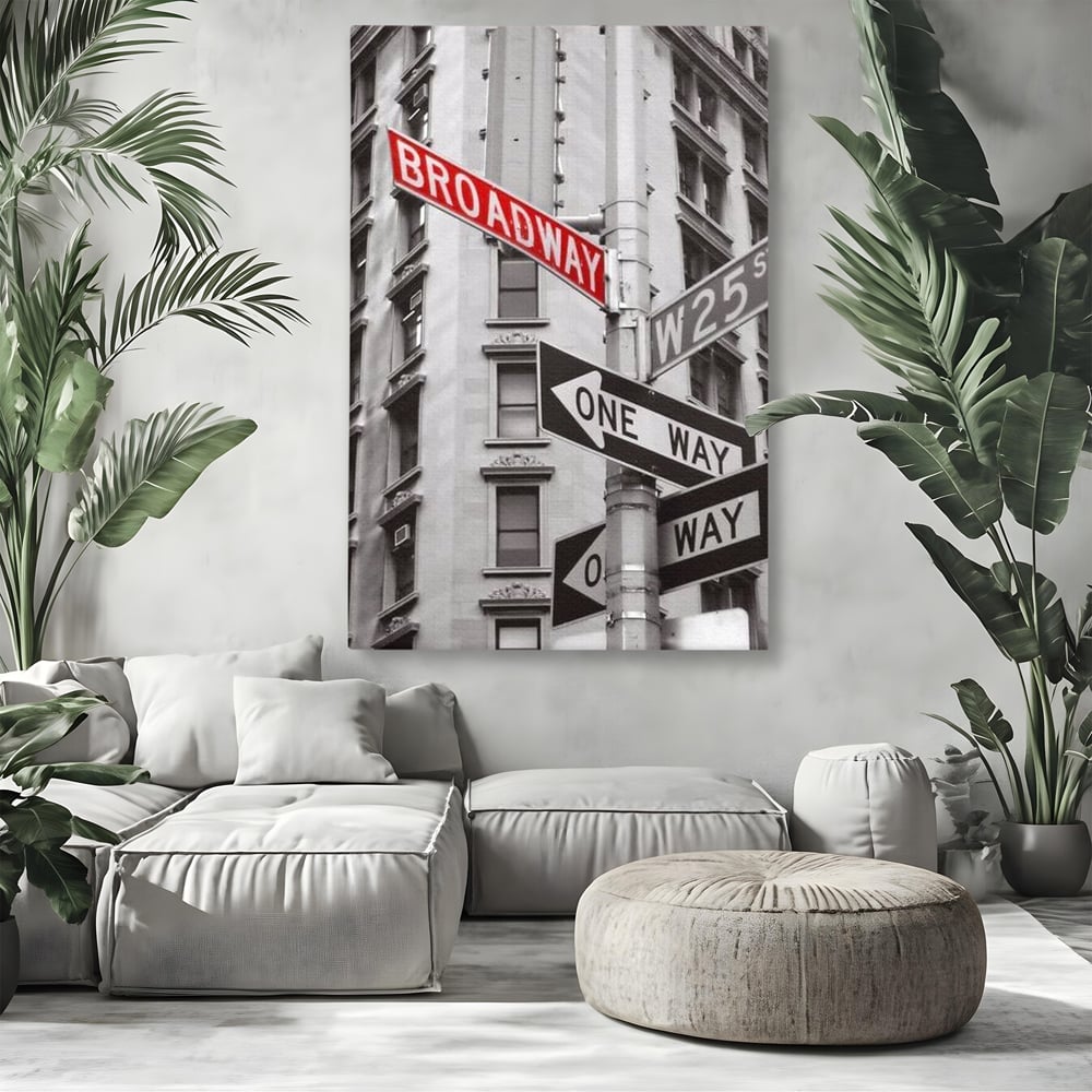 Leinwand Premium Canvas Wandbilder, LuxCanva® O1005, Kreuzung der Träume, Broadway, Kreuzung, Straßen, Zeichen, Verkehr, Urban, Weiß, Schwarz, Rot, Minimalismus, Amerika, Industrie, Wohnen, Schlafzimmer, Büro