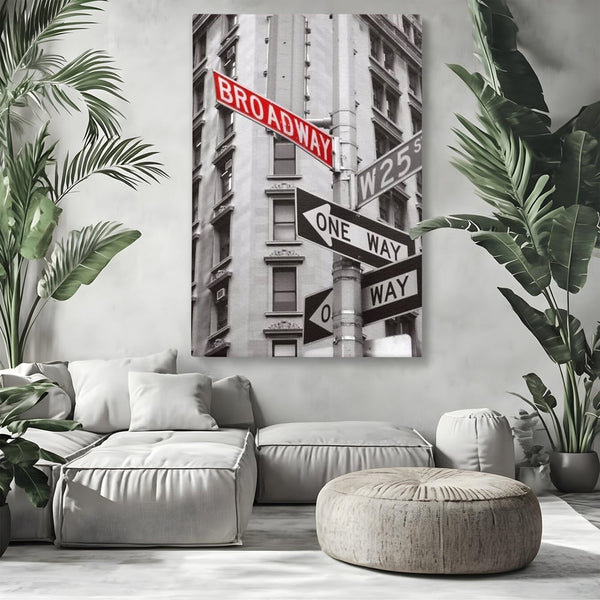 Leinwand Premium Canvas Wandbilder, LuxCanva® O1005, Kreuzung der Träume, Broadway, Kreuzung, Straßen, Zeichen, Verkehr, Urban, Weiß, Schwarz, Rot, Minimalismus, Amerika, Industrie, Wohnen, Schlafzimmer, Büro