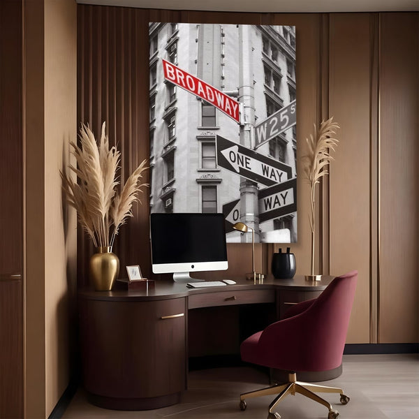 Leinwand Premium Canvas Wandbilder, LuxCanva® O1005, Kreuzung der Träume, Broadway, Kreuzung, Straßen, Zeichen, Verkehr, Urban, Weiß, Schwarz, Rot, Minimalismus, Amerika, Industrie, Wohnen, Schlafzimmer, Büro