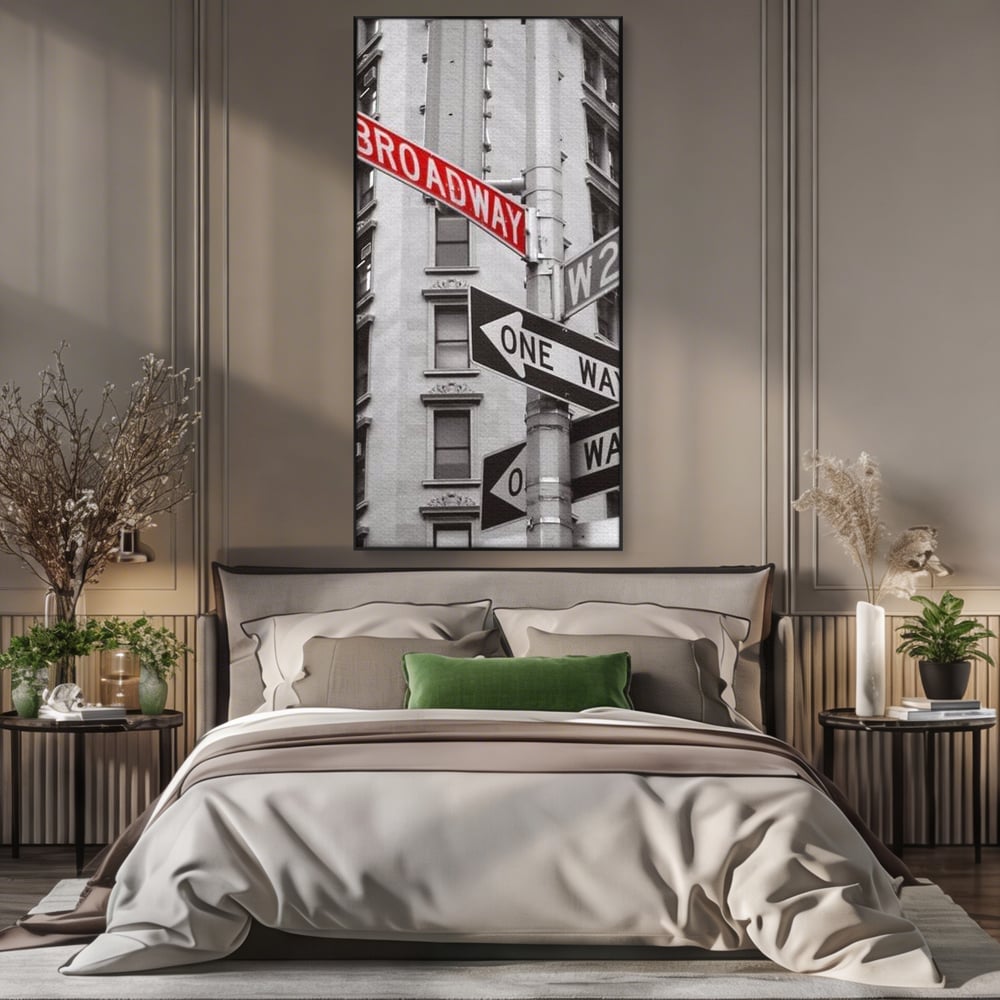 Leinwand Premium Canvas Wandbilder, LuxCanva® O1005, Kreuzung der Träume, Broadway, Kreuzung, Straßen, Zeichen, Verkehr, Urban, Weiß, Schwarz, Rot, Minimalismus, Amerika, Industrie, Wohnen, Schlafzimmer, Büro