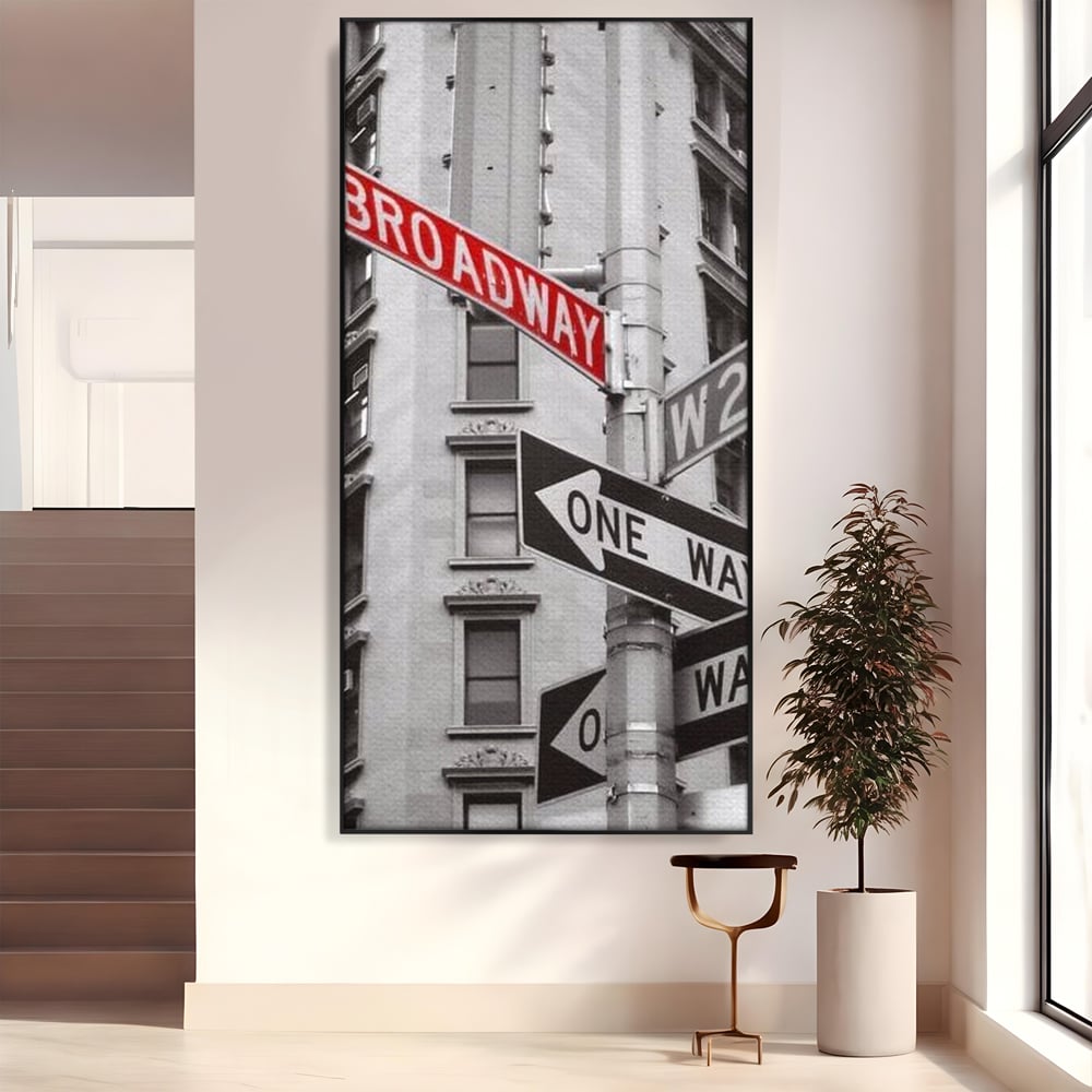 Leinwand Premium Canvas Wandbilder, LuxCanva® O1005, Kreuzung der Träume, Broadway, Kreuzung, Straßen, Zeichen, Verkehr, Urban, Weiß, Schwarz, Rot, Minimalismus, Amerika, Industrie, Wohnen, Schlafzimmer, Büro