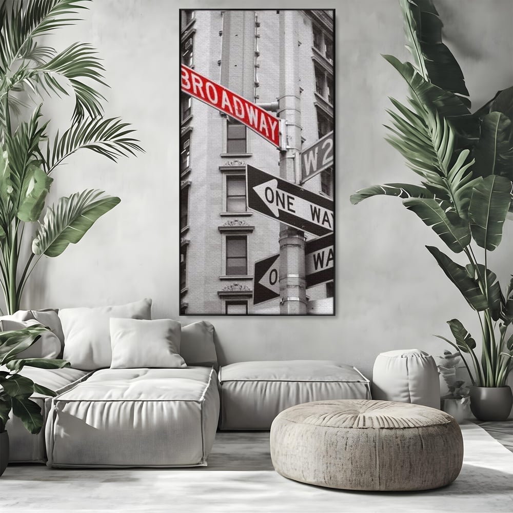 Leinwand Premium Canvas Wandbilder, LuxCanva® O1005, Kreuzung der Träume, Broadway, Kreuzung, Straßen, Zeichen, Verkehr, Urban, Weiß, Schwarz, Rot, Minimalismus, Amerika, Industrie, Wohnen, Schlafzimmer, Büro