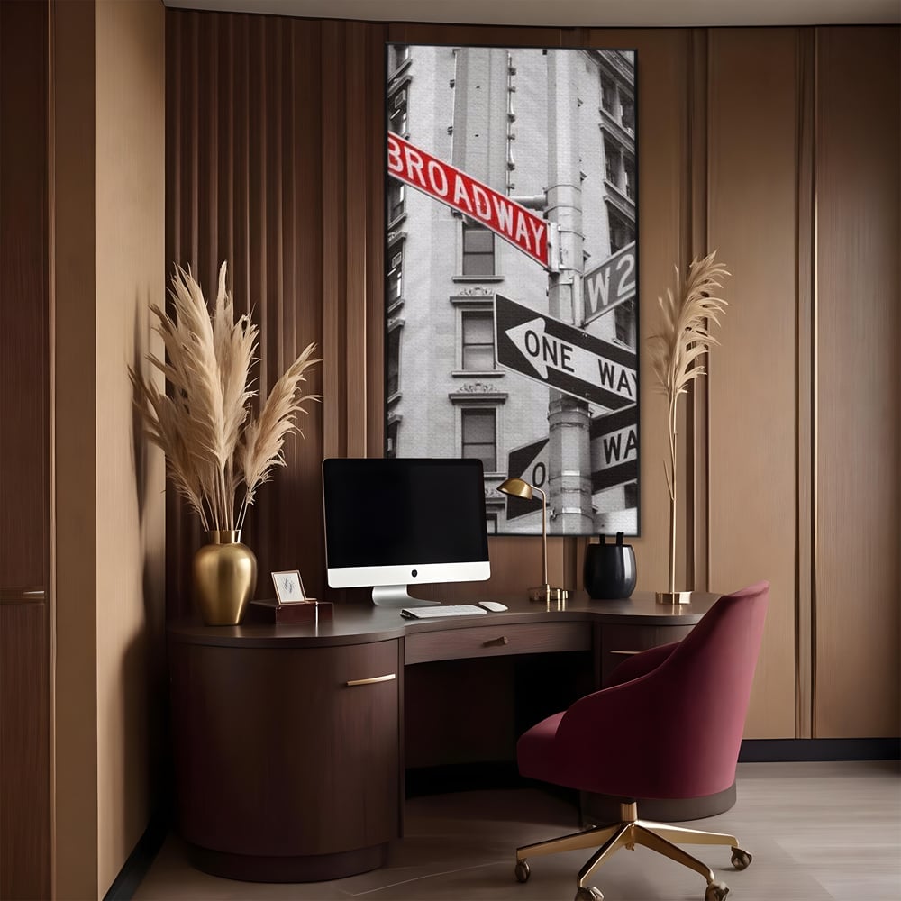 Leinwand Premium Canvas Wandbilder, LuxCanva® O1005, Kreuzung der Träume, Broadway, Kreuzung, Straßen, Zeichen, Verkehr, Urban, Weiß, Schwarz, Rot, Minimalismus, Amerika, Industrie, Wohnen, Schlafzimmer, Büro