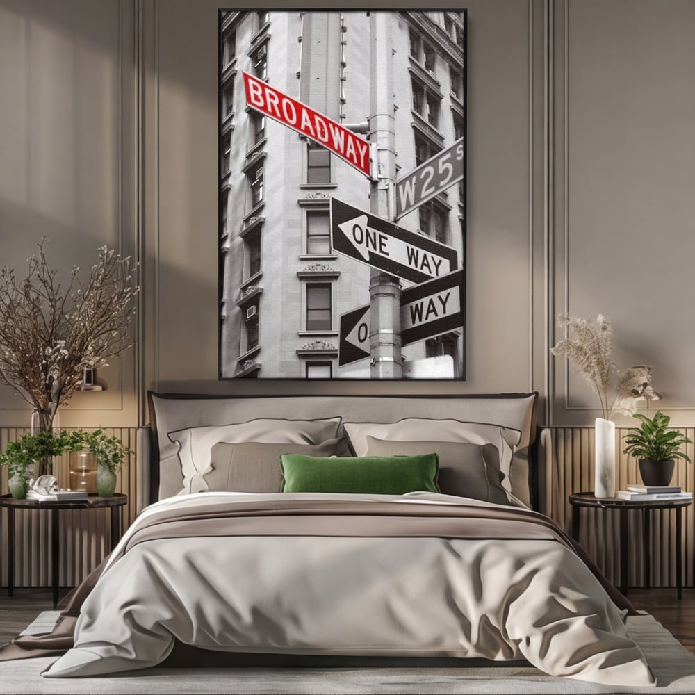 Leinwand Premium Canvas Wandbilder, LuxCanva® O1005, Kreuzung der Träume, Broadway, Kreuzung, Straßen, Zeichen, Verkehr, Urban, Weiß, Schwarz, Rot, Minimalismus, Amerika, Industrie, Wohnen, Schlafzimmer, Büro
