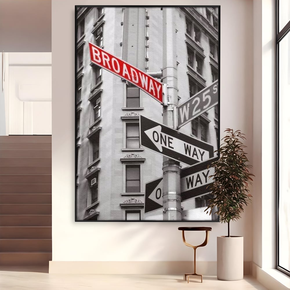 Leinwand Premium Canvas Wandbilder, LuxCanva® O1005, Kreuzung der Träume, Broadway, Kreuzung, Straßen, Zeichen, Verkehr, Urban, Weiß, Schwarz, Rot, Minimalismus, Amerika, Industrie, Wohnen, Schlafzimmer, Büro
