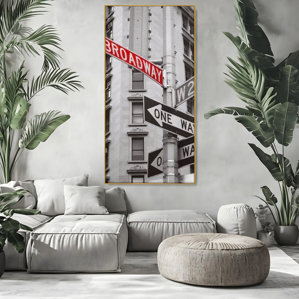 Leinwand Premium Canvas Wandbilder, LuxCanva® O1005, Kreuzung der Träume, Broadway, Kreuzung, Straßen, Zeichen, Verkehr, Urban, Weiß, Schwarz, Rot, Minimalismus, Amerika, Industrie, Wohnen, Schlafzimmer, Büro