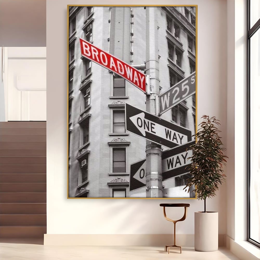 Leinwand Premium Canvas Wandbilder, LuxCanva® O1005, Kreuzung der Träume, Broadway, Kreuzung, Straßen, Zeichen, Verkehr, Urban, Weiß, Schwarz, Rot, Minimalismus, Amerika, Industrie, Wohnen, Schlafzimmer, Büro