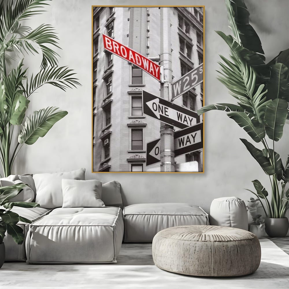 Leinwand Premium Canvas Wandbilder, LuxCanva® O1005, Kreuzung der Träume, Broadway, Kreuzung, Straßen, Zeichen, Verkehr, Urban, Weiß, Schwarz, Rot, Minimalismus, Amerika, Industrie, Wohnen, Schlafzimmer, Büro