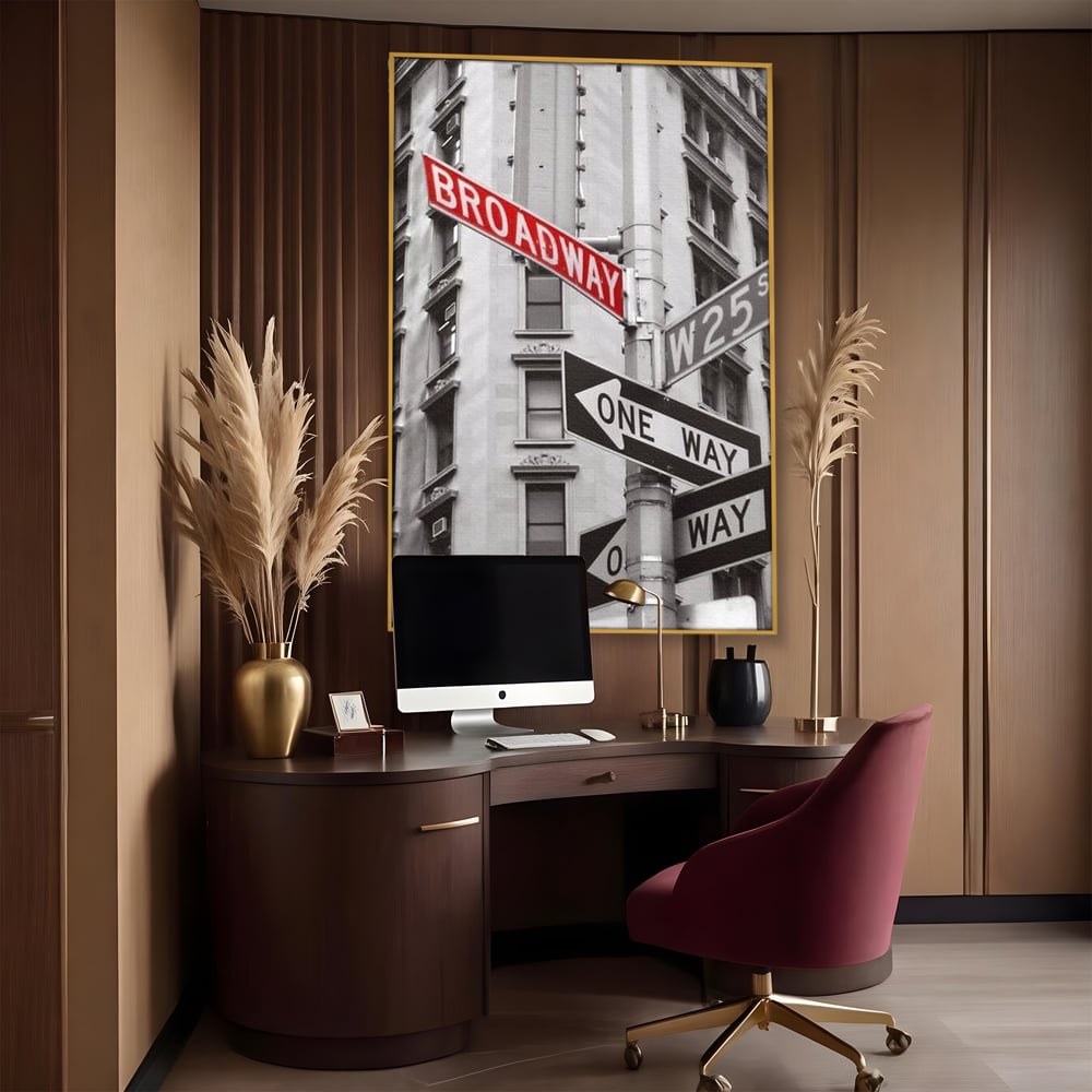 Leinwand Premium Canvas Wandbilder, LuxCanva® O1005, Kreuzung der Träume, Broadway, Kreuzung, Straßen, Zeichen, Verkehr, Urban, Weiß, Schwarz, Rot, Minimalismus, Amerika, Industrie, Wohnen, Schlafzimmer, Büro