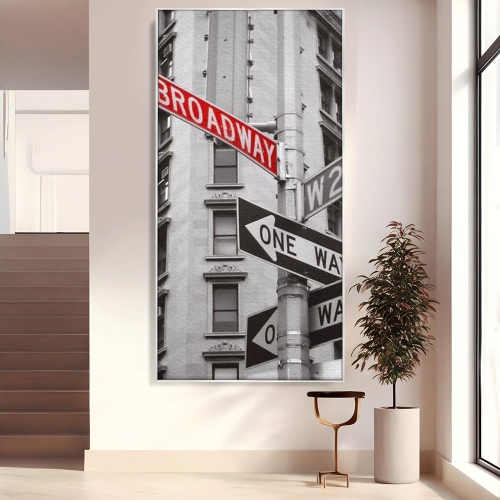 Leinwand Premium Canvas Wandbilder, LuxCanva® O1005, Kreuzung der Träume, Broadway, Kreuzung, Straßen, Zeichen, Verkehr, Urban, Weiß, Schwarz, Rot, Minimalismus, Amerika, Industrie, Wohnen, Schlafzimmer, Büro