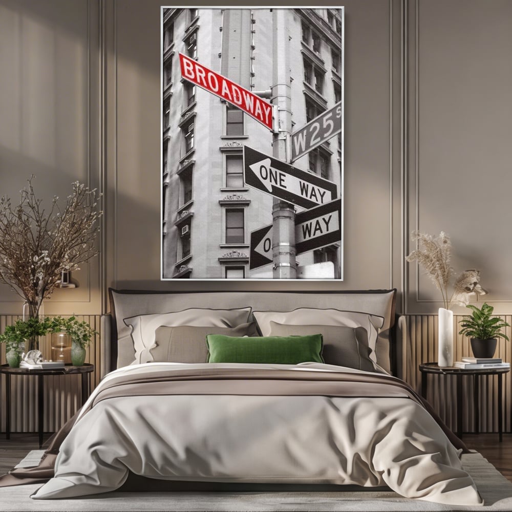 Leinwand Premium Canvas Wandbilder, LuxCanva® O1005, Kreuzung der Träume, Broadway, Kreuzung, Straßen, Zeichen, Verkehr, Urban, Weiß, Schwarz, Rot, Minimalismus, Amerika, Industrie, Wohnen, Schlafzimmer, Büro