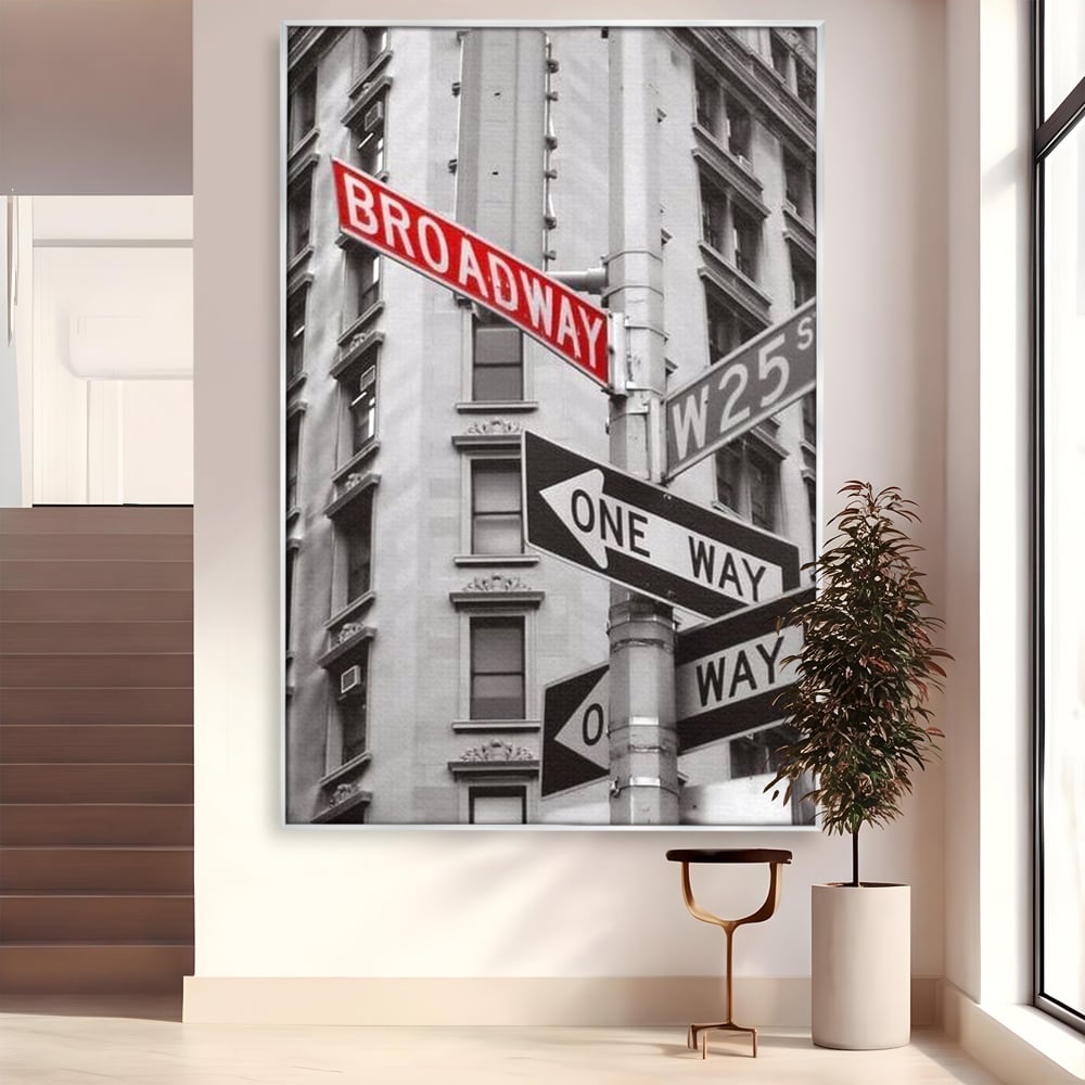 Leinwand Premium Canvas Wandbilder, LuxCanva® O1005, Kreuzung der Träume, Broadway, Kreuzung, Straßen, Zeichen, Verkehr, Urban, Weiß, Schwarz, Rot, Minimalismus, Amerika, Industrie, Wohnen, Schlafzimmer, Büro