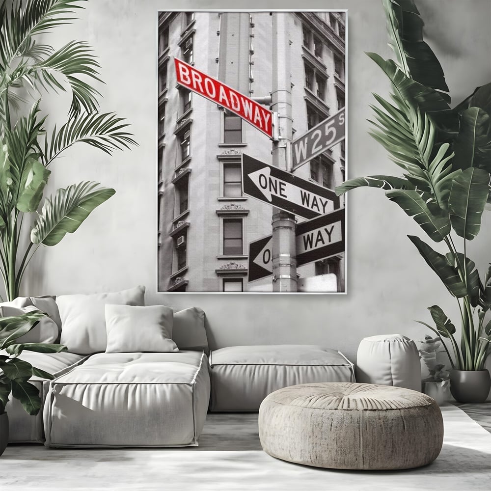 Leinwand Premium Canvas Wandbilder, LuxCanva® O1005, Kreuzung der Träume, Broadway, Kreuzung, Straßen, Zeichen, Verkehr, Urban, Weiß, Schwarz, Rot, Minimalismus, Amerika, Industrie, Wohnen, Schlafzimmer, Büro