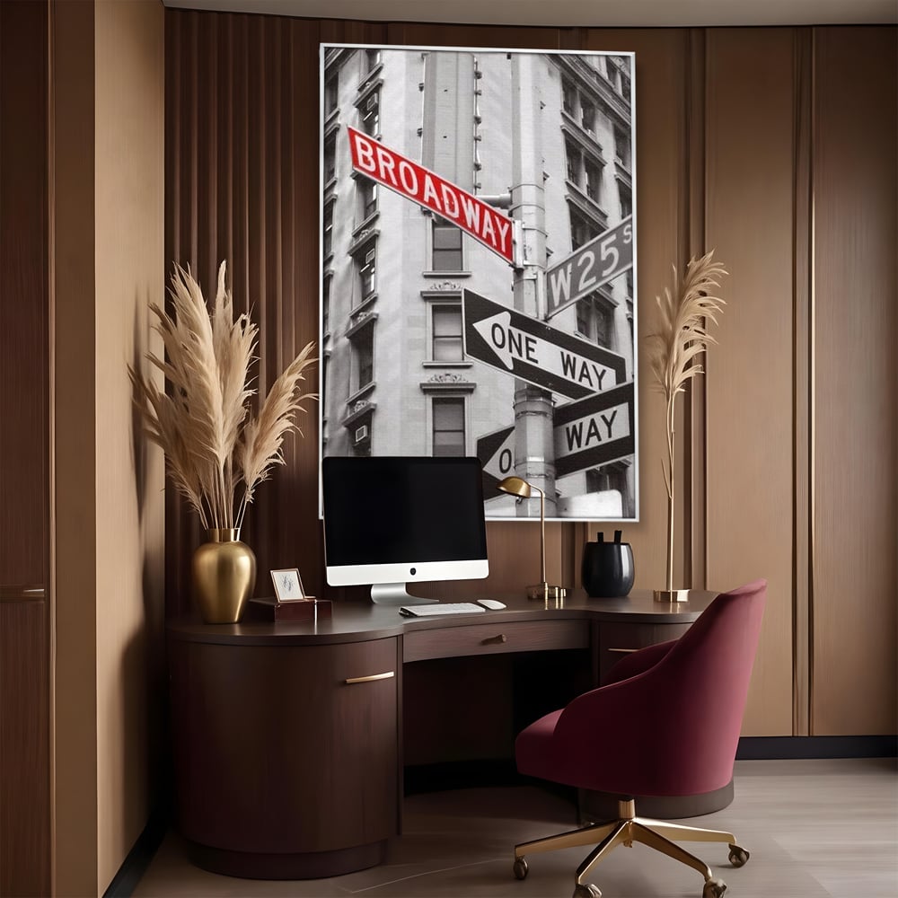 Leinwand Premium Canvas Wandbilder, LuxCanva® O1005, Kreuzung der Träume, Broadway, Kreuzung, Straßen, Zeichen, Verkehr, Urban, Weiß, Schwarz, Rot, Minimalismus, Amerika, Industrie, Wohnen, Schlafzimmer, Büro