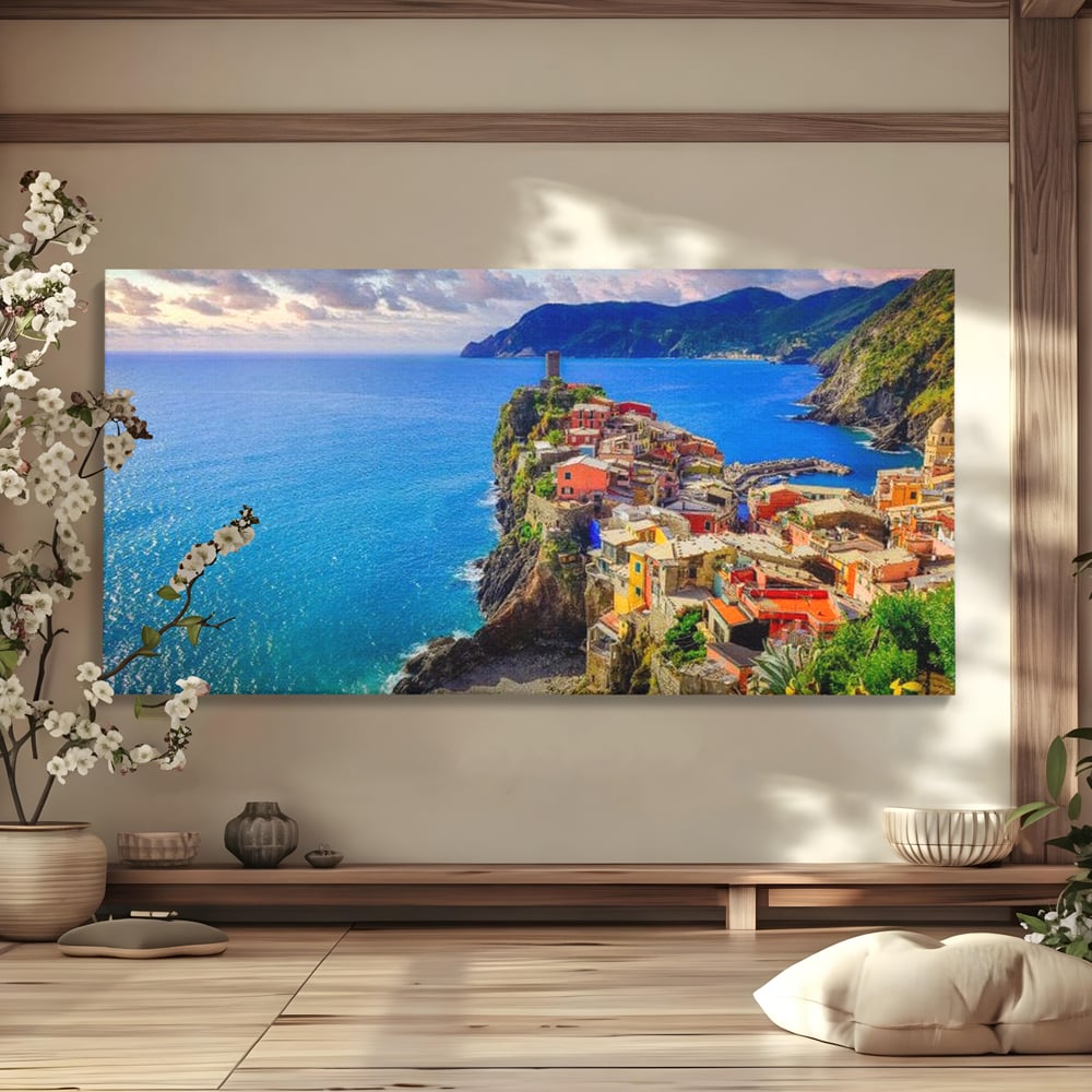 Tablou Canvas Premium, LuxCanva® O1006, Paradis pe Riviera Italiana, Cinque, Terre, Mediterana, Mare, Stanca, Oras, Refugiu, Italia, Poveste, Vacanta, Liniste, Coasta, Case, Birou, Living, Dormitor