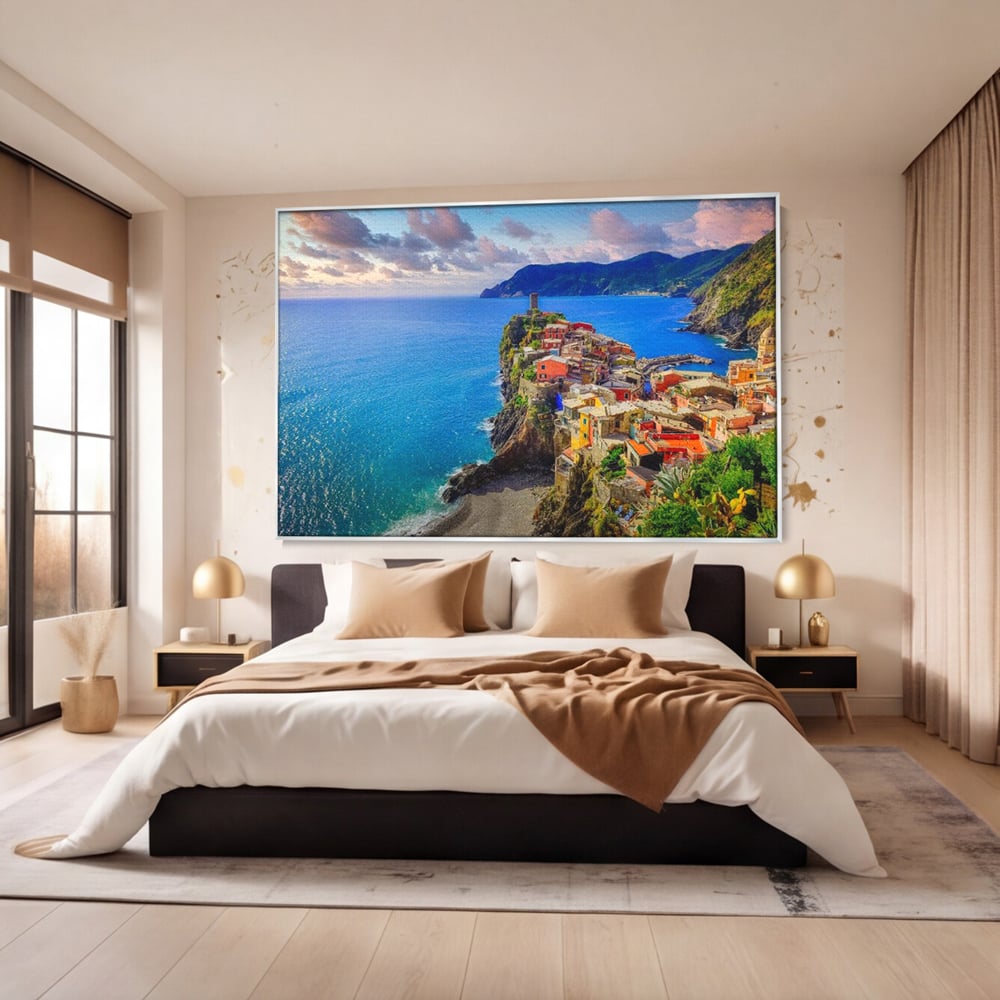 Tablou Canvas Premium, LuxCanva® O1006, Paradis pe Riviera Italiana, Cinque, Terre, Mediterana, Mare, Stanca, Oras, Refugiu, Italia, Poveste, Vacanta, Liniste, Coasta, Case, Birou, Living, Dormitor