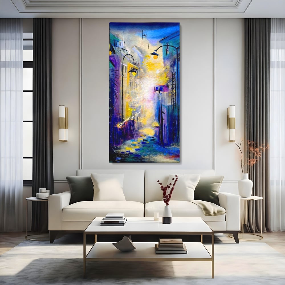 Leinwand Premium Canvas Wall Art, LuxCanva® O1008, Magic Alley, Abstrakt, Urban, Stadt, Lichter, Straße, Atmosphäre, Mysterium, Modernismus, Eskapade, Spaziergang, Schritte, Expressionismus, Büro, Wohnen, Schlafzimmer