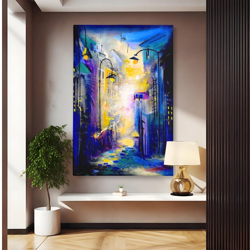 Leinwand Premium Canvas Wall Art, LuxCanva® O1008, Magic Alley, Abstrakt, Urban, Stadt, Lichter, Straße, Atmosphäre, Mysterium, Modernismus, Eskapade, Spaziergang, Schritte, Expressionismus, Büro, Wohnen, Schlafzimmer