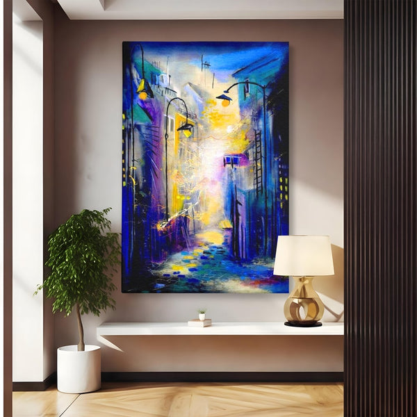Leinwand Premium Canvas Wall Art, LuxCanva® O1008, Magic Alley, Abstrakt, Urban, Stadt, Lichter, Straße, Atmosphäre, Mysterium, Modernismus, Eskapade, Spaziergang, Schritte, Expressionismus, Büro, Wohnen, Schlafzimmer