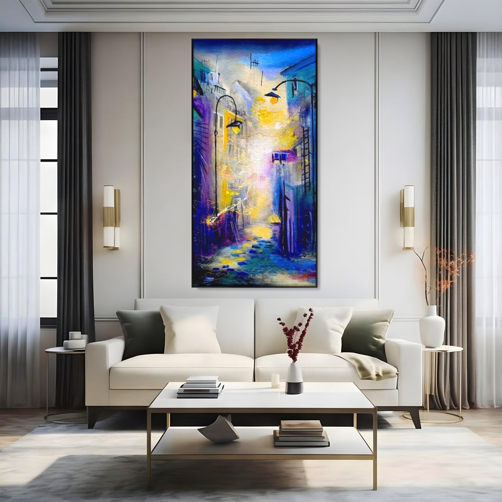 Leinwand Premium Canvas Wall Art, LuxCanva® O1008, Magic Alley, Abstrakt, Urban, Stadt, Lichter, Straße, Atmosphäre, Mysterium, Modernismus, Eskapade, Spaziergang, Schritte, Expressionismus, Büro, Wohnen, Schlafzimmer