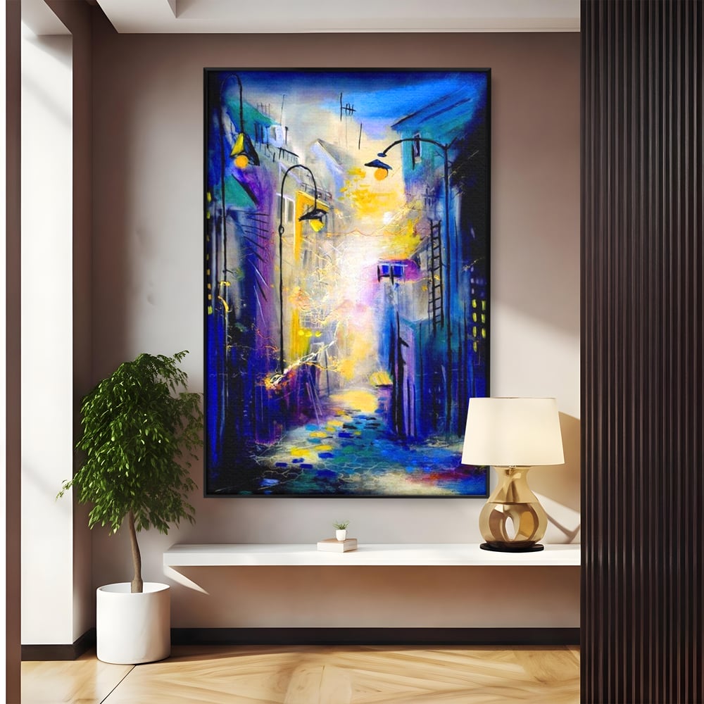 Leinwand Premium Canvas Wall Art, LuxCanva® O1008, Magic Alley, Abstrakt, Urban, Stadt, Lichter, Straße, Atmosphäre, Mysterium, Modernismus, Eskapade, Spaziergang, Schritte, Expressionismus, Büro, Wohnen, Schlafzimmer