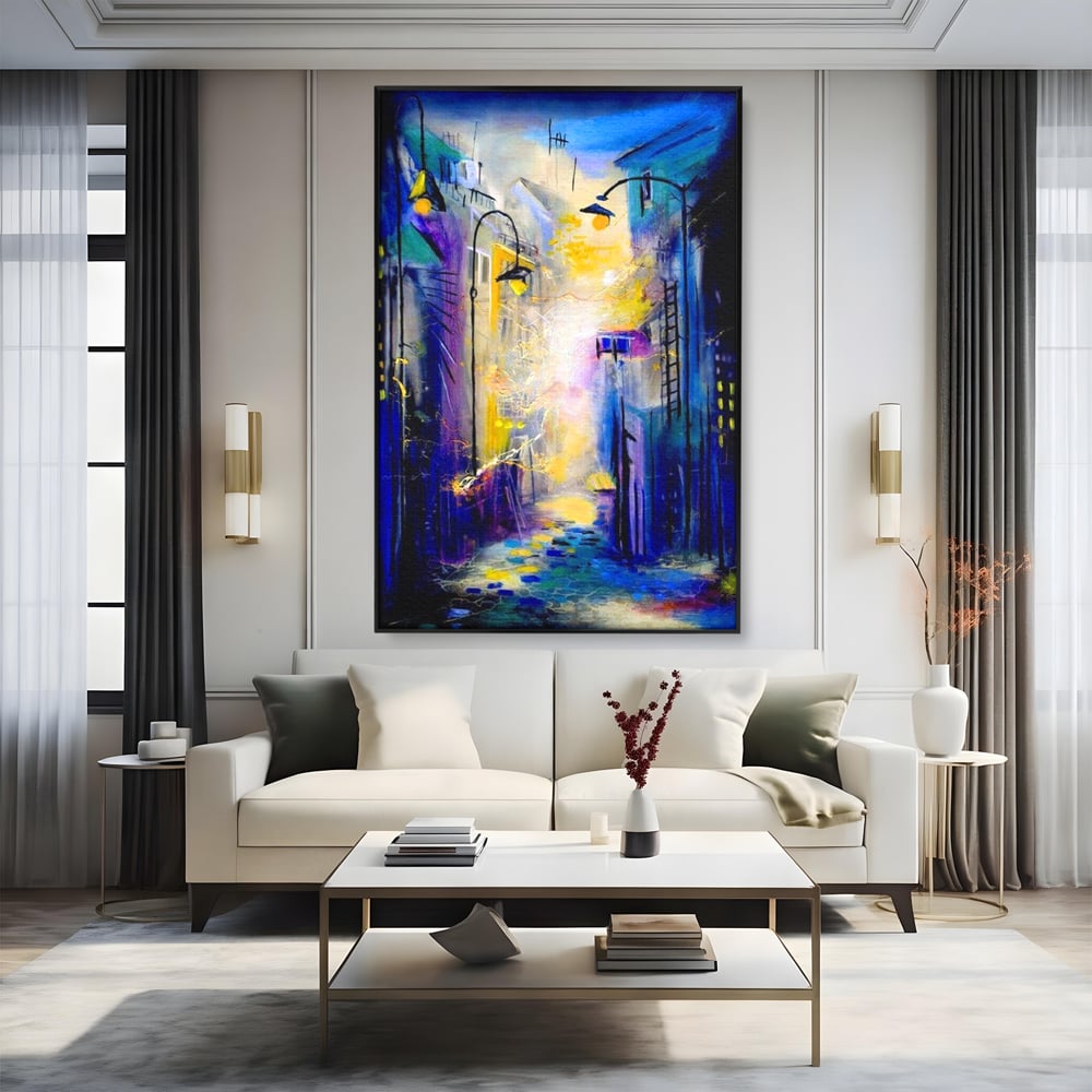 Leinwand Premium Canvas Wall Art, LuxCanva® O1008, Magic Alley, Abstrakt, Urban, Stadt, Lichter, Straße, Atmosphäre, Mysterium, Modernismus, Eskapade, Spaziergang, Schritte, Expressionismus, Büro, Wohnen, Schlafzimmer