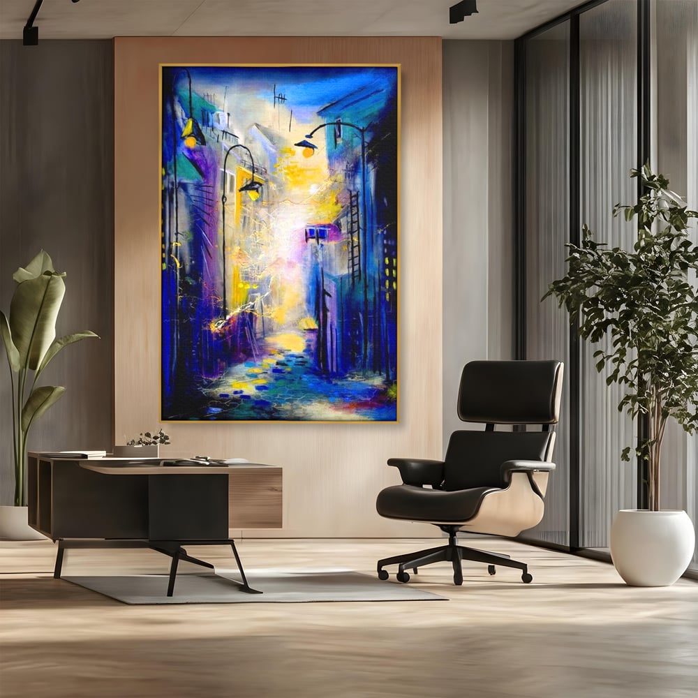 Leinwand Premium Canvas Wall Art, LuxCanva® O1008, Magic Alley, Abstrakt, Urban, Stadt, Lichter, Straße, Atmosphäre, Mysterium, Modernismus, Eskapade, Spaziergang, Schritte, Expressionismus, Büro, Wohnen, Schlafzimmer