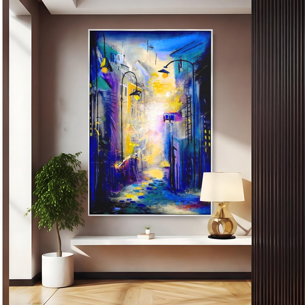 Leinwand Premium Canvas Wall Art, LuxCanva® O1008, Magic Alley, Abstrakt, Urban, Stadt, Lichter, Straße, Atmosphäre, Mysterium, Modernismus, Eskapade, Spaziergang, Schritte, Expressionismus, Büro, Wohnen, Schlafzimmer