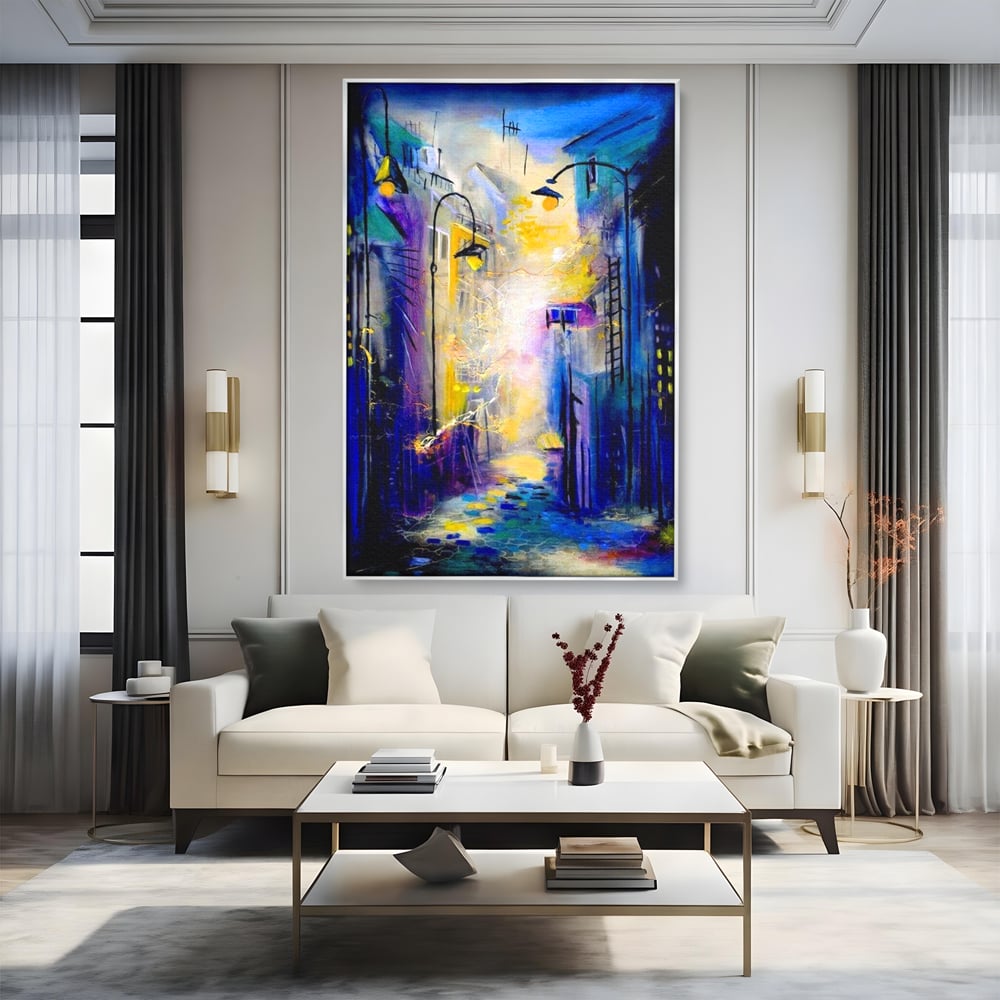 Leinwand Premium Canvas Wall Art, LuxCanva® O1008, Magic Alley, Abstrakt, Urban, Stadt, Lichter, Straße, Atmosphäre, Mysterium, Modernismus, Eskapade, Spaziergang, Schritte, Expressionismus, Büro, Wohnen, Schlafzimmer