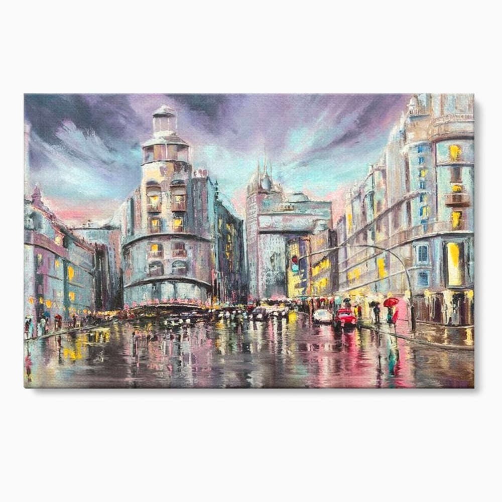 Tablou Canvas Premium, LuxCanva® O1009, Avenue in Lumina, Reflexii, Urban, Oras, Ploaie, Europa, Strada, Vibratie, Magie, Umbrela, Arhitectura, Citadin, Pictura, Vacanta, Birou, Living, Dormitor
