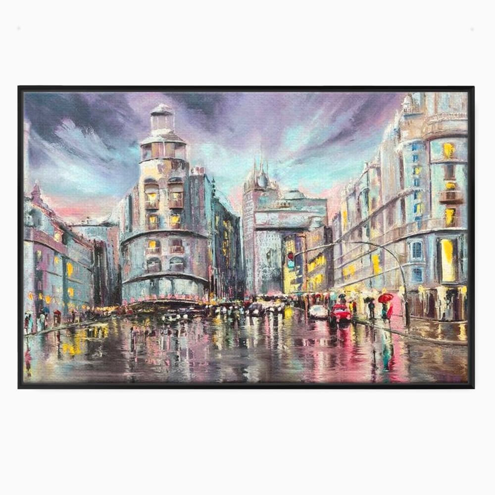 Tablou Canvas Premium, LuxCanva® O1009, Avenue in Lumina, Reflexii, Urban, Oras, Ploaie, Europa, Strada, Vibratie, Magie, Umbrela, Arhitectura, Citadin, Pictura, Vacanta, Birou, Living, Dormitor