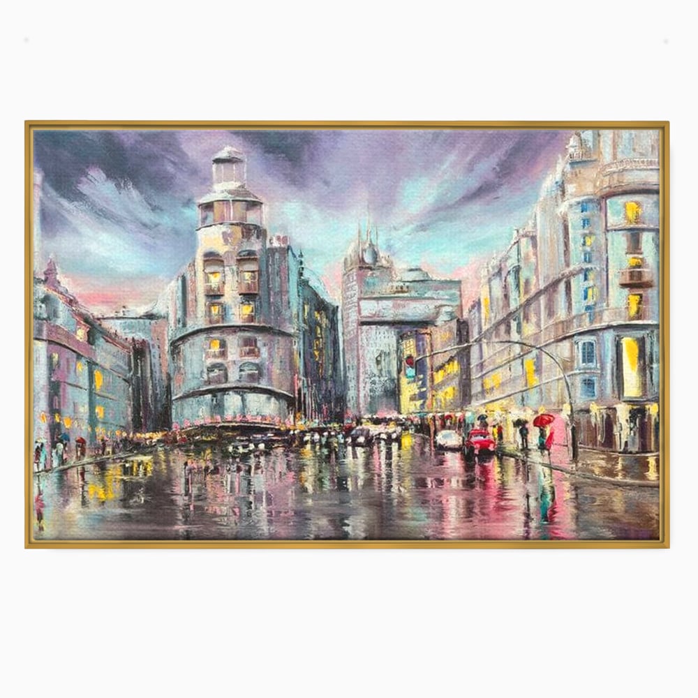 Tablou Canvas Premium, LuxCanva® O1009, Avenue in Lumina, Reflexii, Urban, Oras, Ploaie, Europa, Strada, Vibratie, Magie, Umbrela, Arhitectura, Citadin, Pictura, Vacanta, Birou, Living, Dormitor