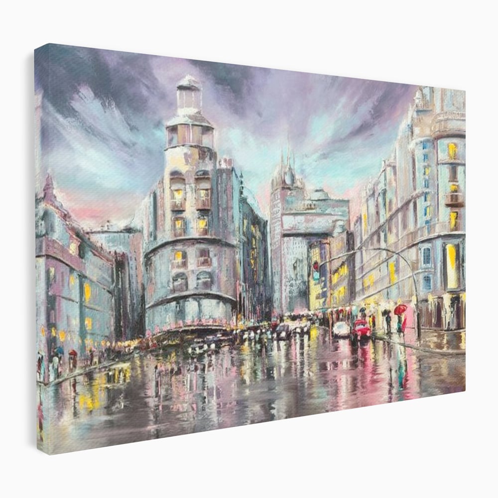 Tablou Canvas Premium, LuxCanva® O1009, Avenue in Lumina, Reflexii, Urban, Oras, Ploaie, Europa, Strada, Vibratie, Magie, Umbrela, Arhitectura, Citadin, Pictura, Vacanta, Birou, Living, Dormitor